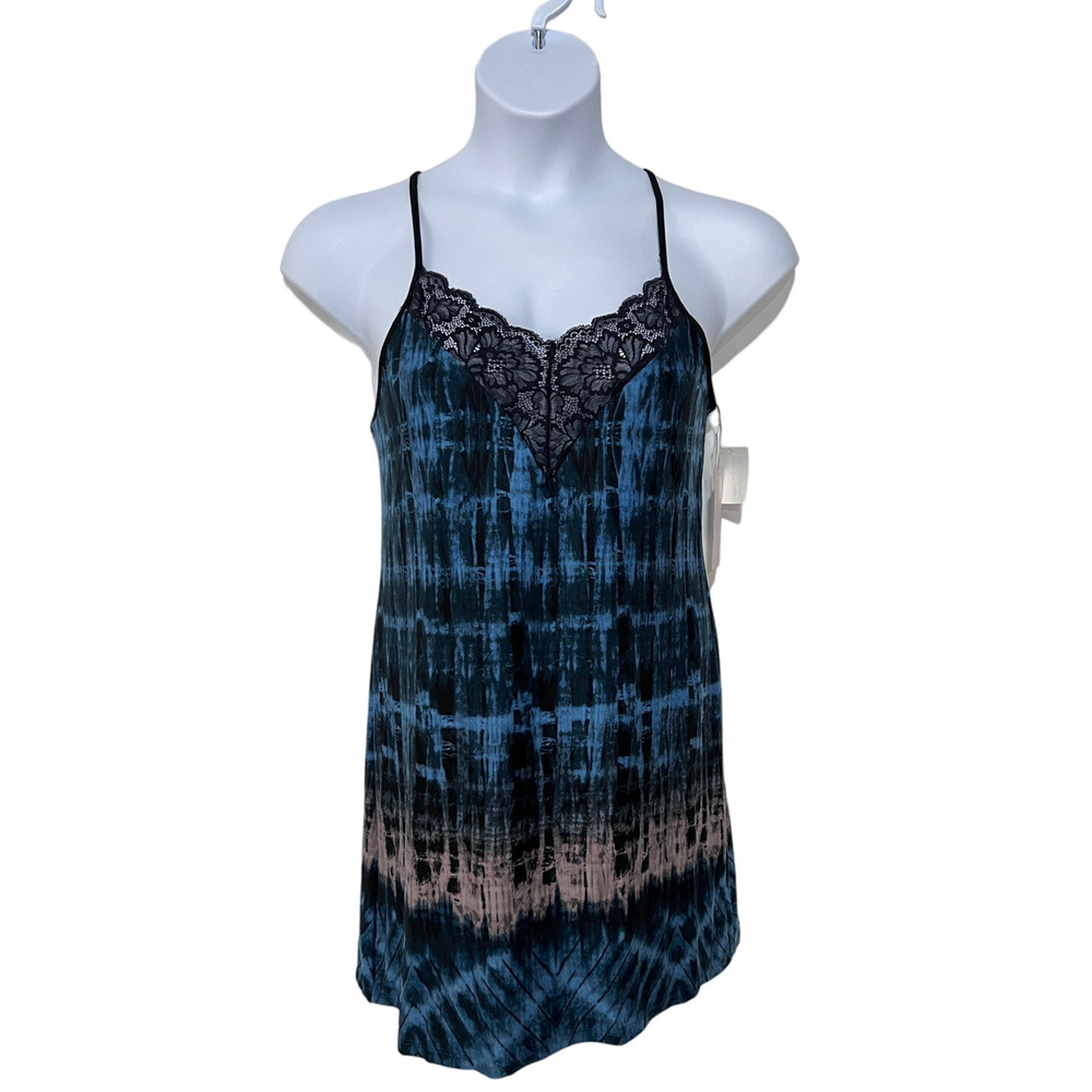 LINEA DONATELLA WOMENS TIE-DYED CHEMISE NIGHTGOWN TURQUOISE BLUE BLACK SMALL